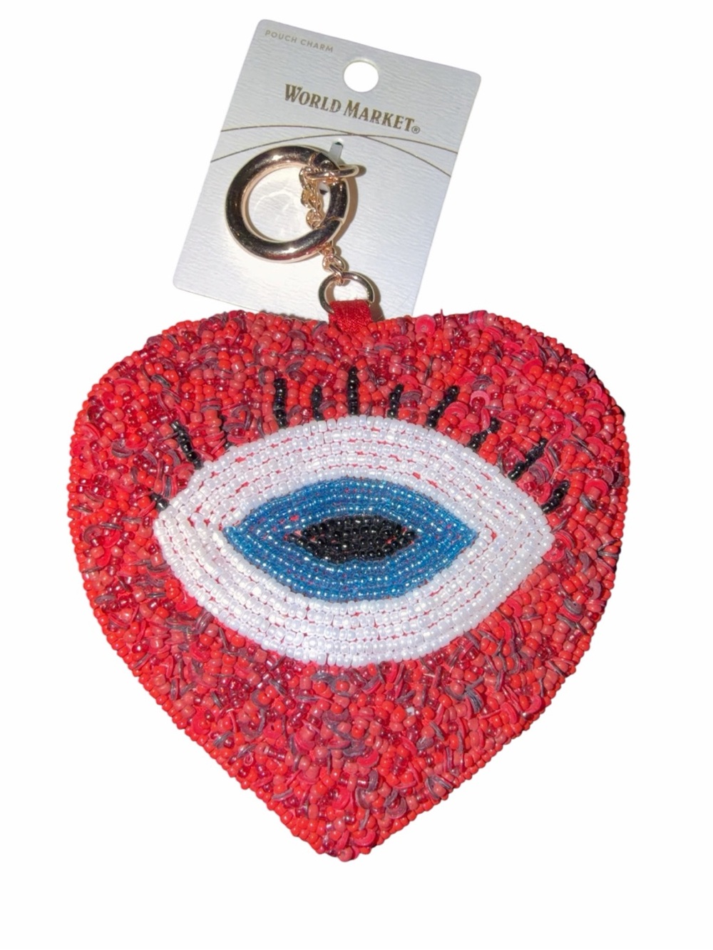 Red Beaded Heart Keychain Pouch with Blue Eye Motif
